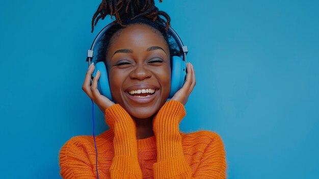 una mujer con los ojos cerrados usando auriculares