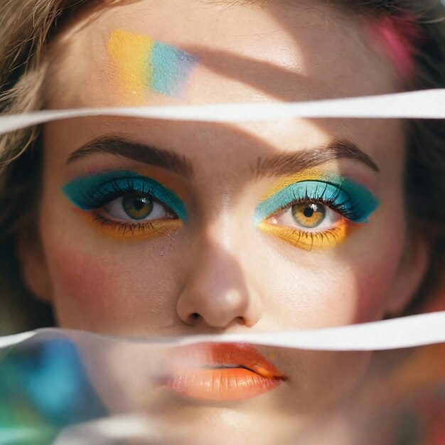 una mujer con ojos de color arco iris y un ojo azul y amarillo