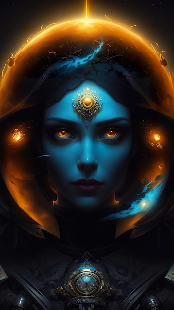 Una mujer con ojos dorados y cara azul.