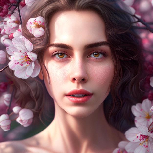 Mujer con ojos marrones y flores de sakura