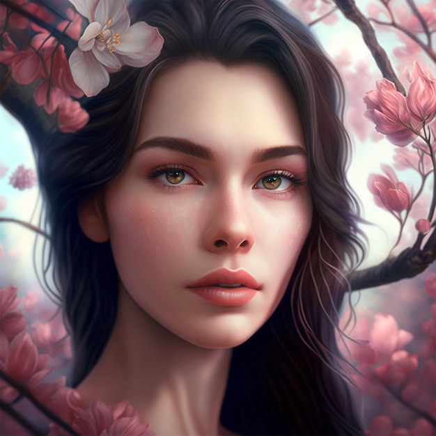 Mujer con ojos marrones y flores de sakura