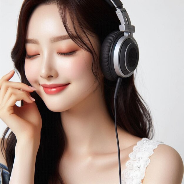 una mujer con ojos marrones usando un par de auriculares