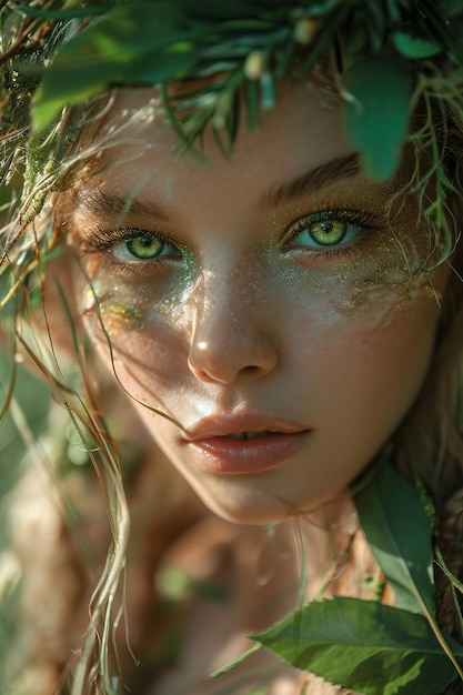una mujer con ojos verdes y brillo en la cara