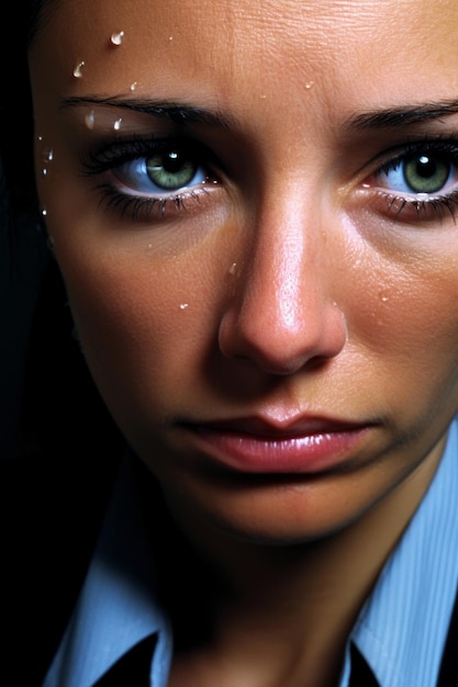 Una mujer de ojos verdes y camisa azul.