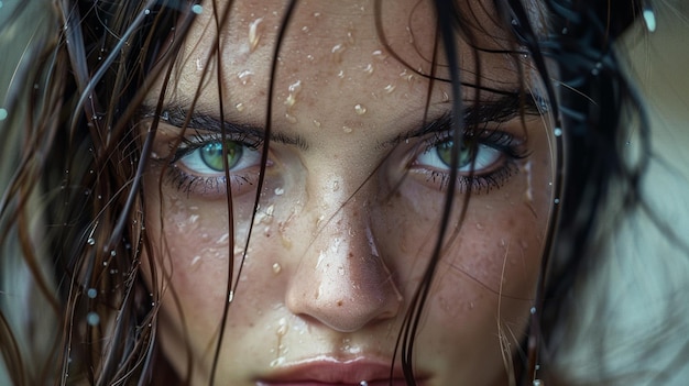 una mujer con ojos verdes y gotas de agua en la cara