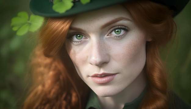 Una mujer de ojos verdes y sombrero de duende