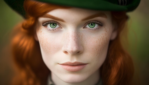 Una mujer con ojos verdes y un sombrero verde.