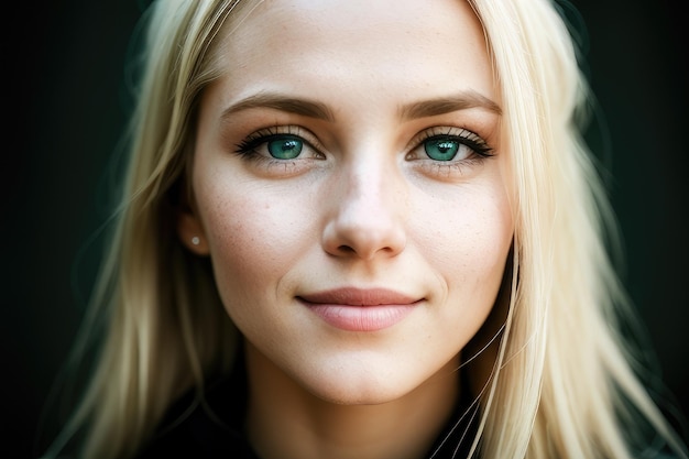 Una mujer con ojos verdes y una sonrisa.