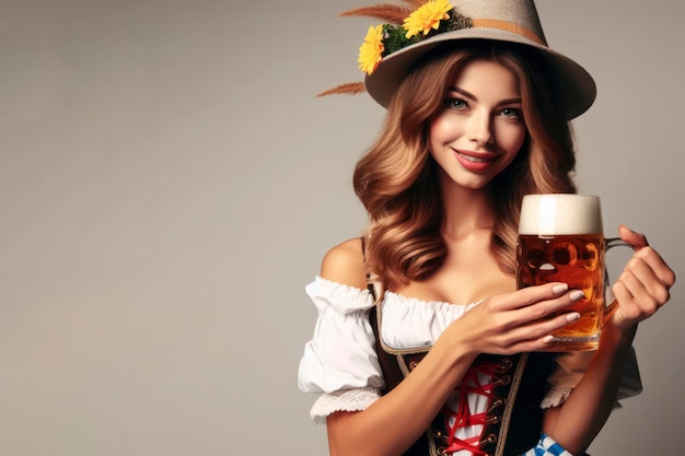 Mujer de Oktoberfest con cerveza en un fondo sólido