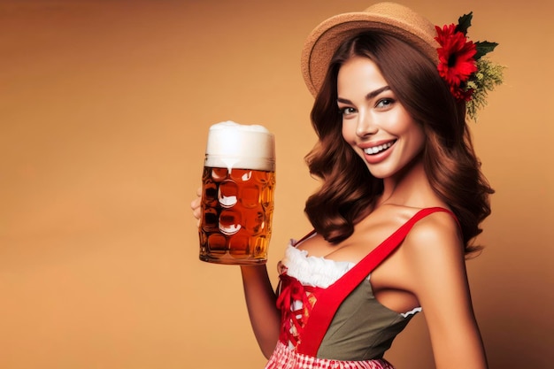 Mujer de Oktoberfest con cerveza en un fondo sólido