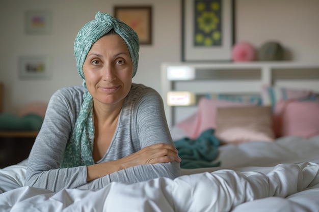 Foto mujer optimista de mediana edad con cáncer que lleva pañuelo en casa