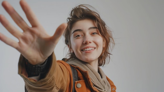 Foto mujer optimista positiva tomando una selfie pov coqueteando expresando felicidad agitando la mano diciendo hola usando una chaqueta de estilo casual tiro de estudio interior aislado en fondo gris
