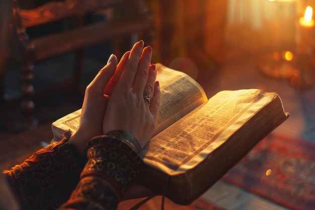 Mujer orando con la Biblia en la iglesia por la fe y la espiritualidad