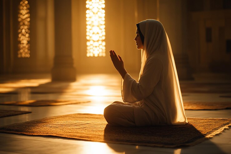 Mujer orando en la mezquita al amanecer momento pacífico vista interior foto de stock redes sociales