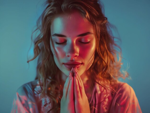 Una mujer orando con los ojos cerrados