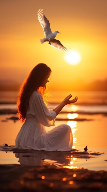 mujer orando y pájaro libre disfrutando de la naturaleza en el fondo del atardecer