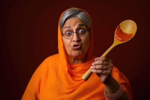 Mujer OrangeClad empuñando una cuchara de madera grande