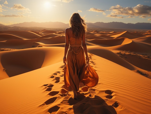 mujer oriental camina en el desierto de las dunas IA generativa