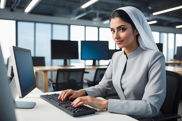 Mujer de Oriente Medio trabajando en computadora en una oficina corporativa tecnológica