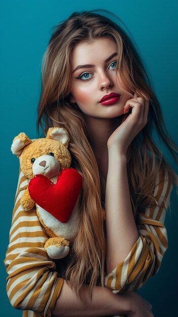 Foto una mujer con un oso de peluche y un corazón rojo