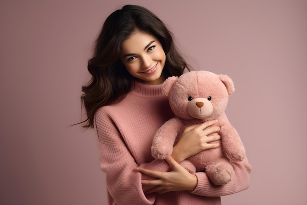 Foto mujer con un oso de peluche rosa