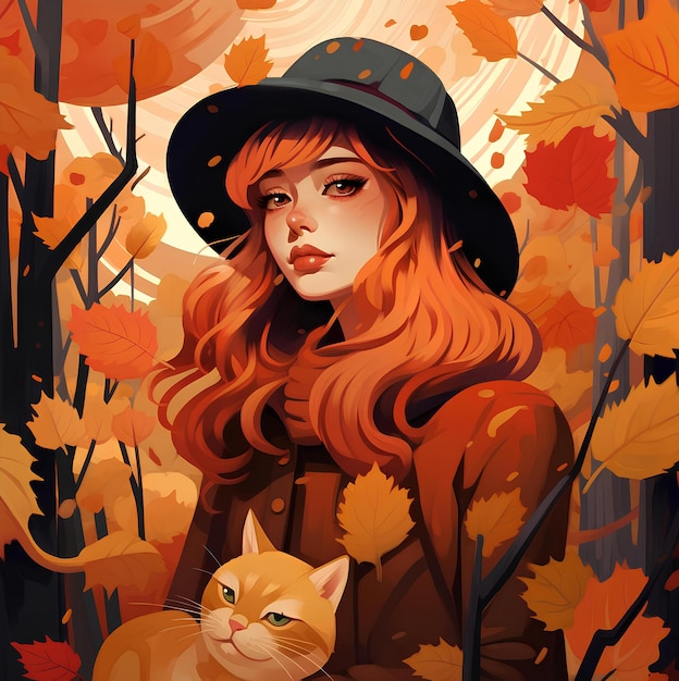 Mujer de otoño con estilo plano de gato rojo