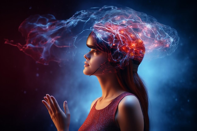 Mujer paciente analizando su cerebro en realidad virtual