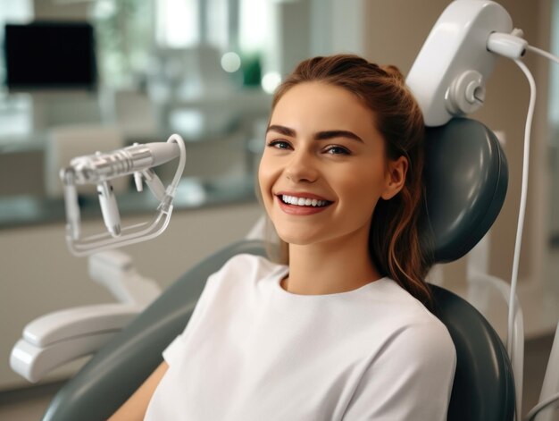 Mujer paciente con aparatos dentales de cabello rojo sentada en la silla del dentista con aparatos dental en sus dientes