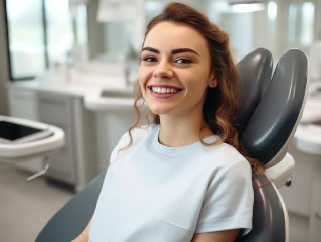 Mujer paciente con aparatos dentales de cabello rojo sentada en la silla del dentista con aparatos dental en sus dientes