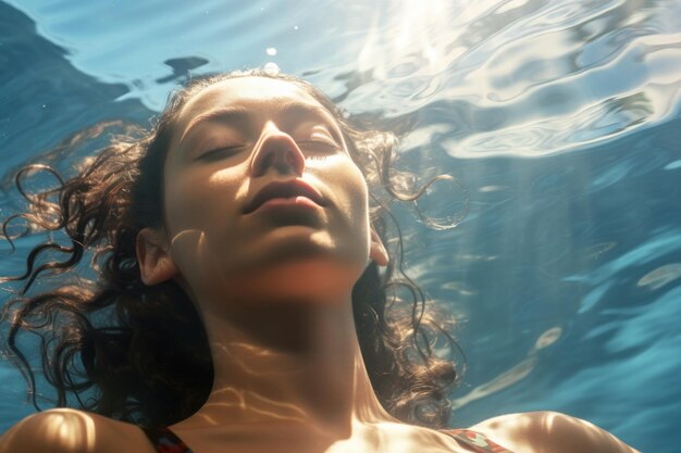 Una mujer pacífica descansa en el agua su rostro emana tranquilidad