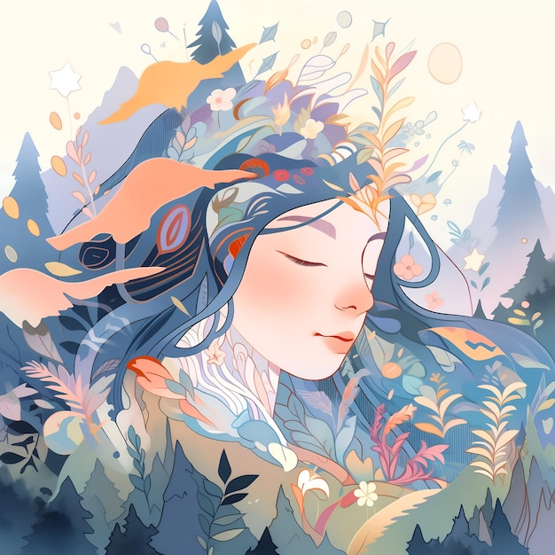 Mujer pacífica con vida silvestre y cabello integrado con la flora en un bosque de ensueño