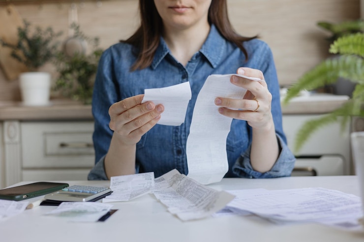 Foto la mujer paga las facturas y los servicios públicos cuenta la cantidad de gastos e ingresos en una calculadora