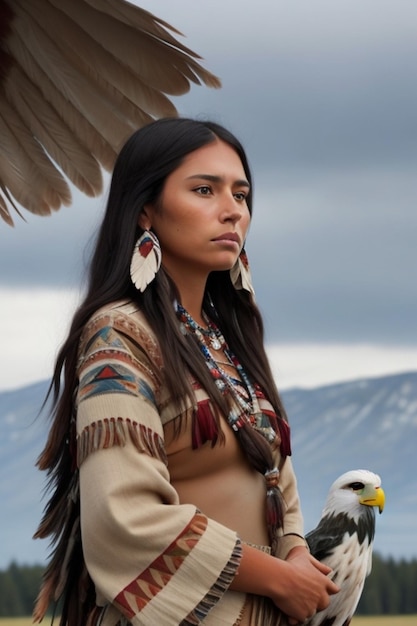 una mujer con un pájaro en la cabeza y una montaña nevada al fondo.