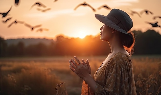 Una mujer y un pájaro libre disfrutando de la naturaleza contra la puesta de sol el concepto de esperanza generativa IA