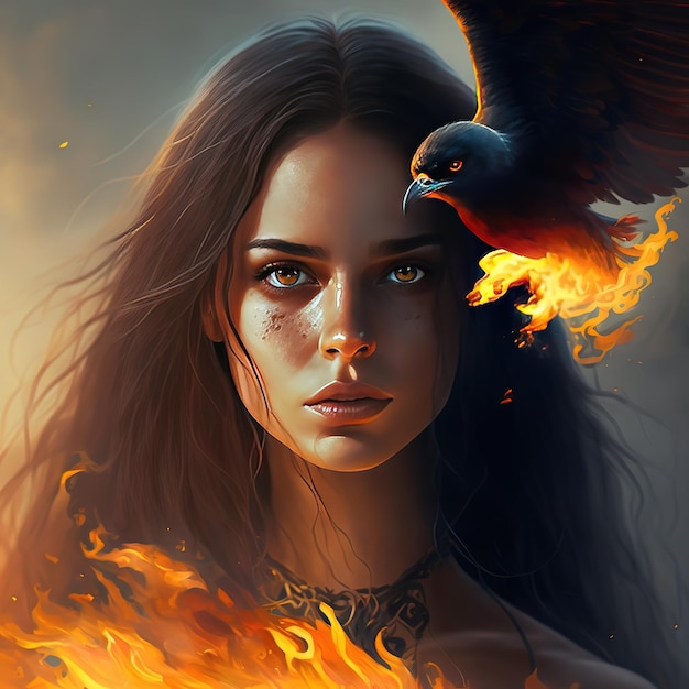 Una mujer con un pájaro en llamas en la cabeza y un fuego ardiente en la cabeza.