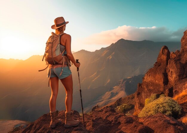 Una mujer con palos de senderismo de pie en la cima de una montaña disfrutando de la serenidad de la naturaleza