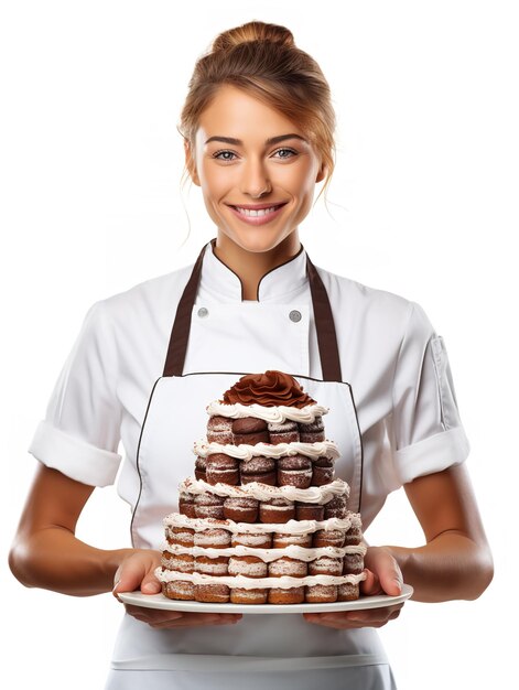 Mujer panadera hábil que crea pasteles generados por la IA