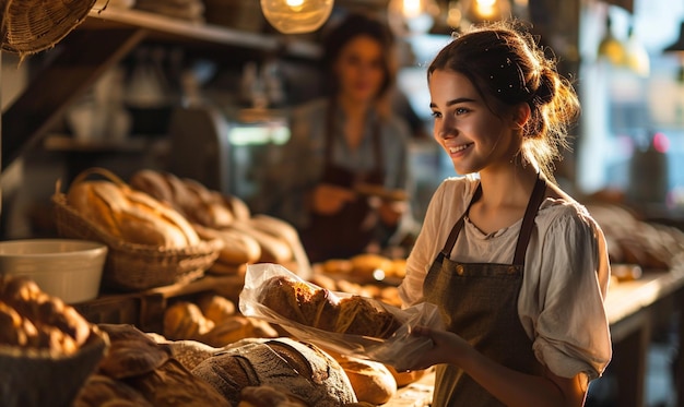 Mujer panadera joven de pie con pan fresco y pasteles en la panadería