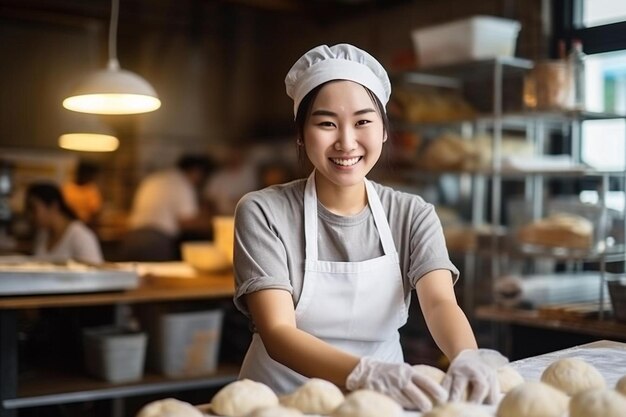 una mujer en una panadería con un sombrero que dice panadero