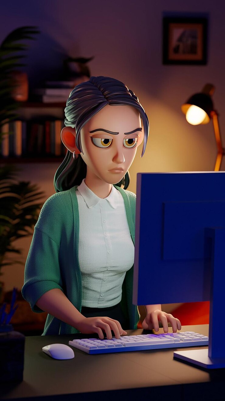 Foto una mujer con una pantalla de computadora y un monitor azul con una cara verde