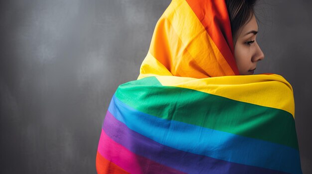 Mujer con un pañuelo de color arco iris en la cabeza