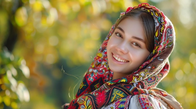 Foto una mujer con un pañuelo colorido con la palabra en él