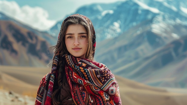 una mujer con un pañuelo colorido de pie frente a una montaña