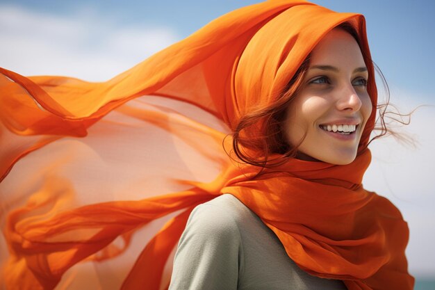 Foto una mujer con un pañuelo naranja sonríe en la brisa