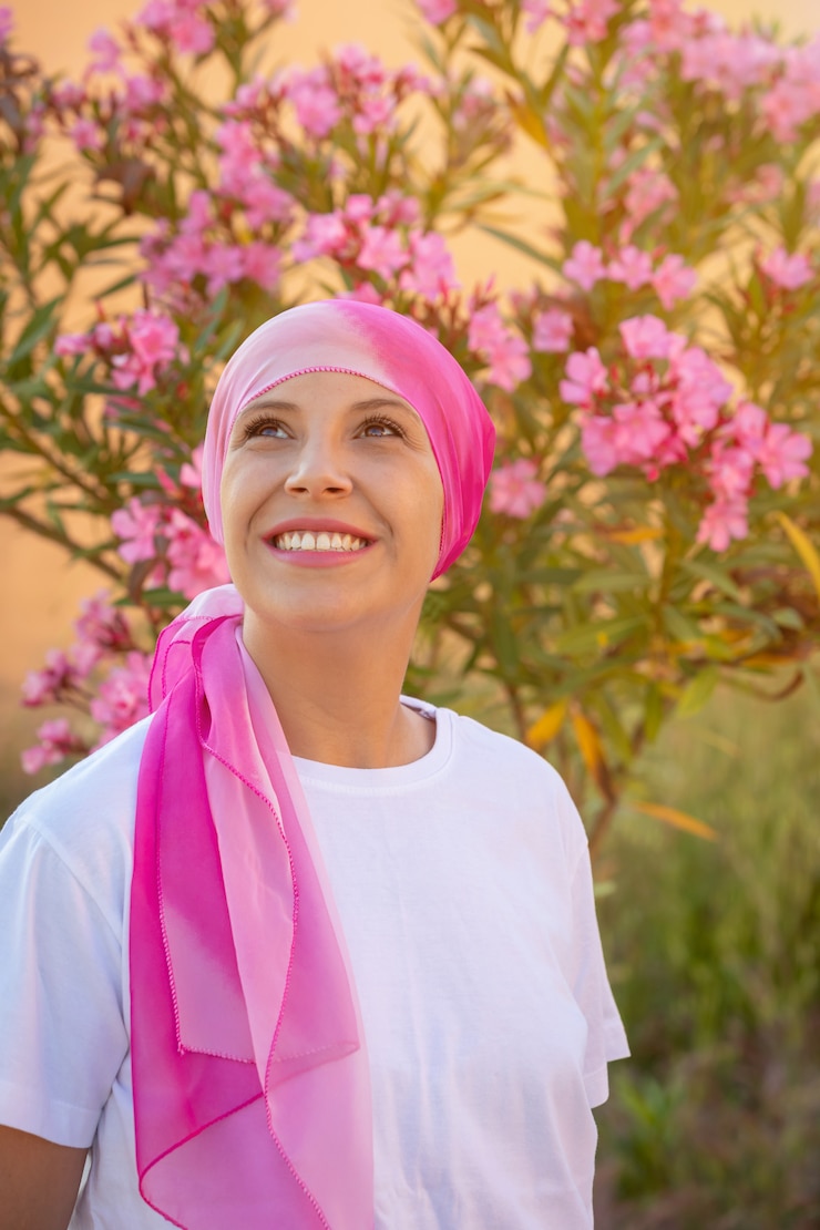 Foto mujer con pañuelo rosa en la cabeza.
