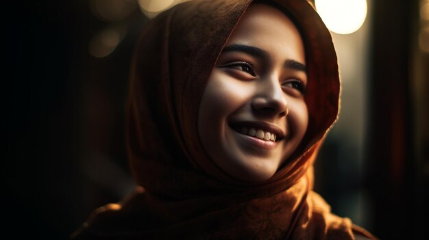 Una mujer con un pañuelo y una sonrisa en su rostro.