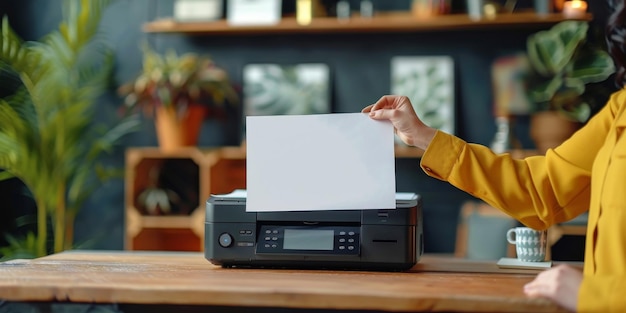 Foto mujer con papel delante de la impresora