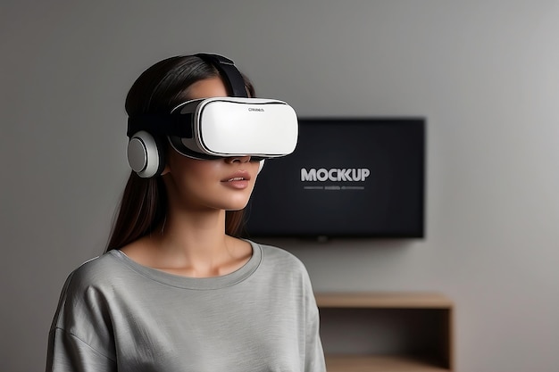 Foto una mujer con un par de auriculares de realidad virtual