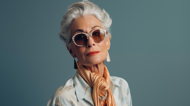 una mujer con un par de gafas y una camisa que dice viejo