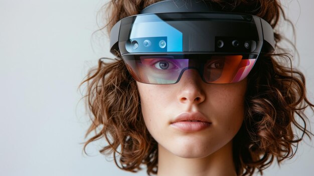 Foto una mujer con un par de gafas de realidad virtual